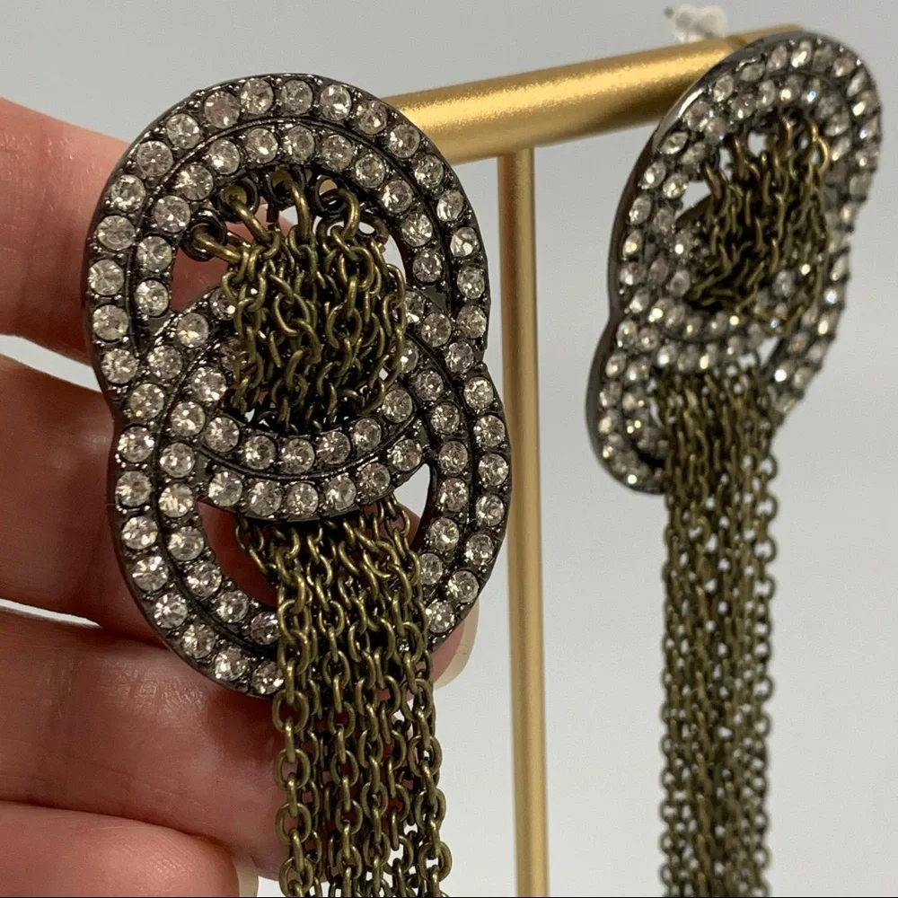 Antiqued Metal Rhinestone & Chain Dangle Long Statement Earrings